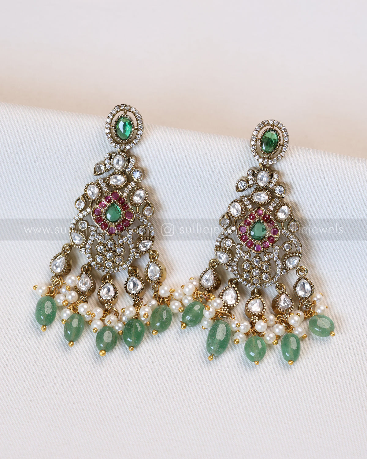 3968 - Victorian No Idol Polki Mint Beads Necklace with Earring