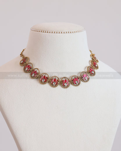 3759 - Sullie Basic Meenakari Pink Lotus Necklace with Stud