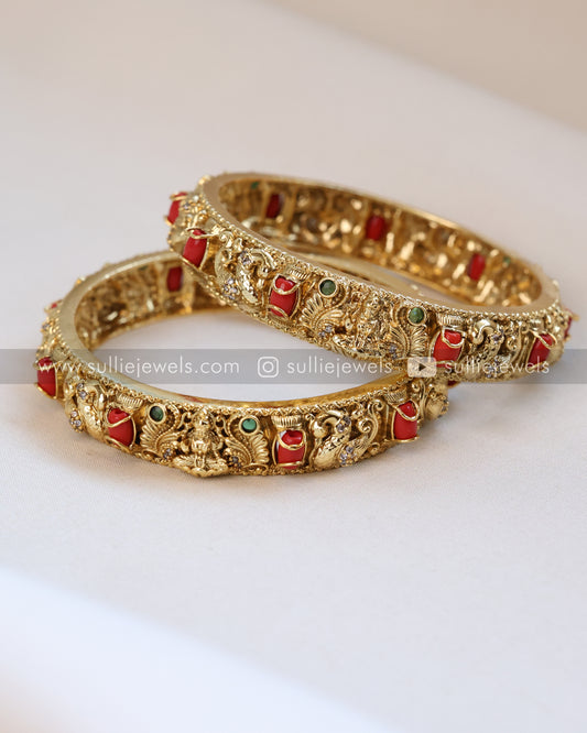 Coral & Lakshmi Stone Bangle - Set of 2