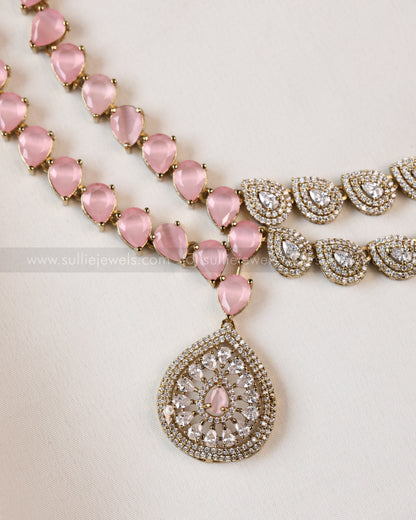 3960 - Raindrop Diamond Lookalike Designer Necklace with Studs - Pastel Pink