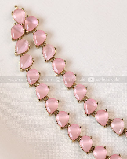 3960 - Raindrop Diamond Lookalike Designer Necklace with Studs - Pastel Pink