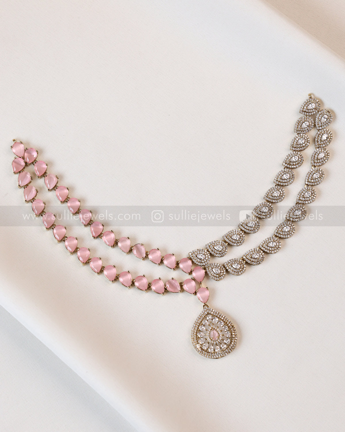 3960 - Raindrop Diamond Lookalike Designer Necklace with Studs - Pastel Pink