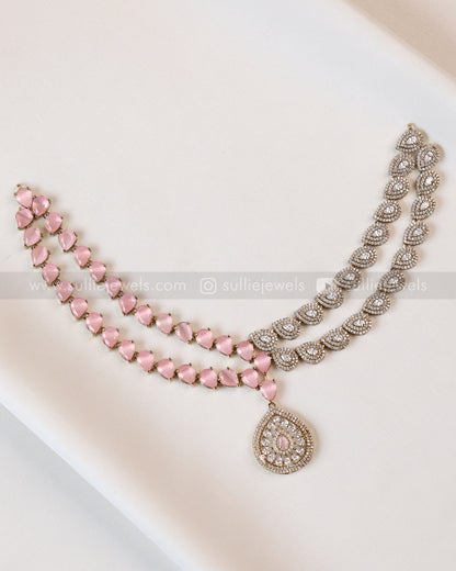 3960 - Raindrop Diamond Lookalike Designer Necklace with Studs - Pastel Pink