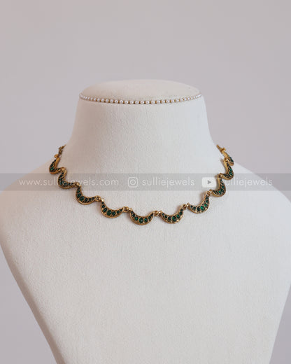 3764 - Sullie Basic Green Stone Crescent Moon Necklace with Earring