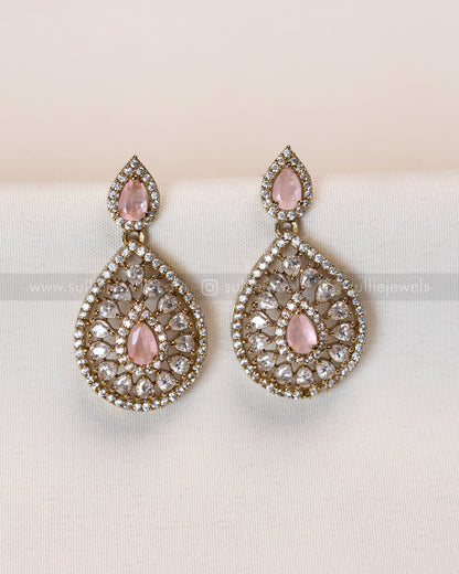 3960 - Raindrop Diamond Lookalike Designer Necklace with Studs - Pastel Pink