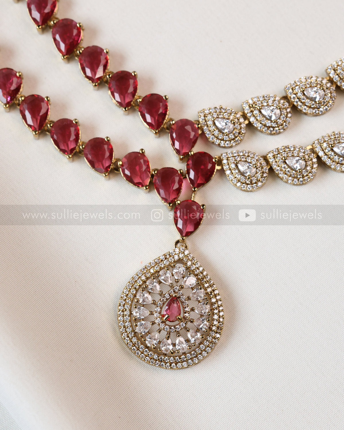 3962 - Raindrop Diamond Lookalike Designer Necklace with Studs - Ruby