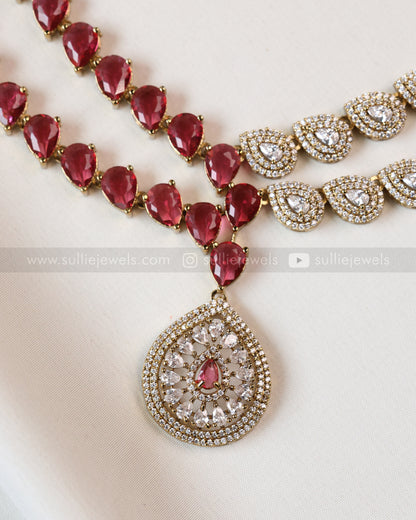 3962 - Raindrop Diamond Lookalike Designer Necklace with Studs - Ruby