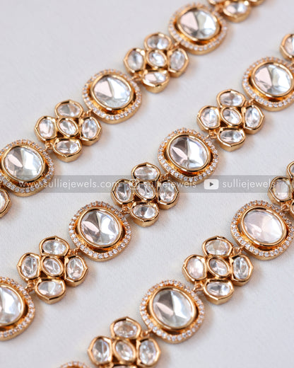 Kundan Polki Necklace with Earrings in Rose gold finish