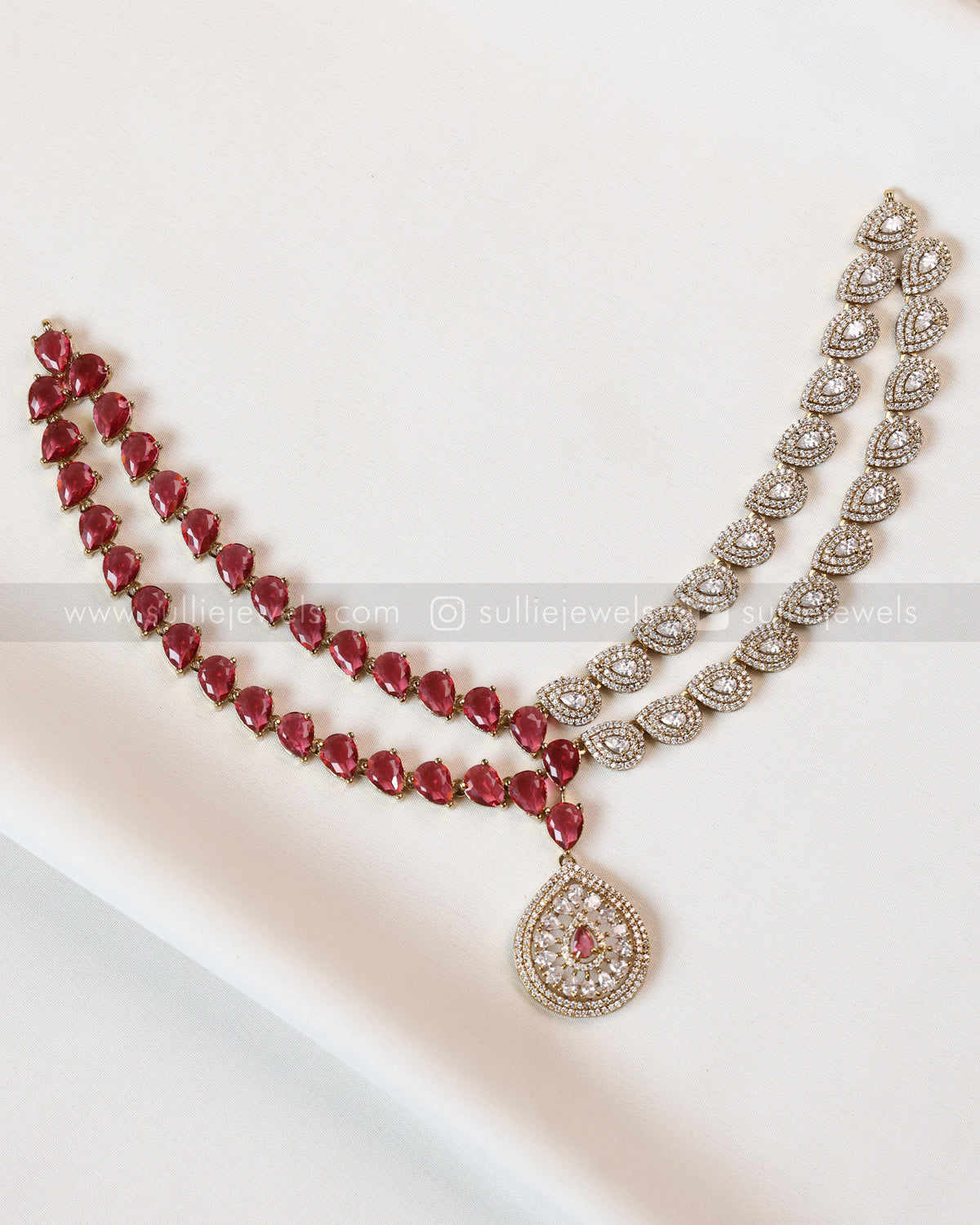 3962 - Raindrop Diamond Lookalike Designer Necklace with Studs - Ruby