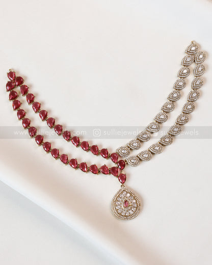 3962 - Raindrop Diamond Lookalike Designer Necklace with Studs - Ruby