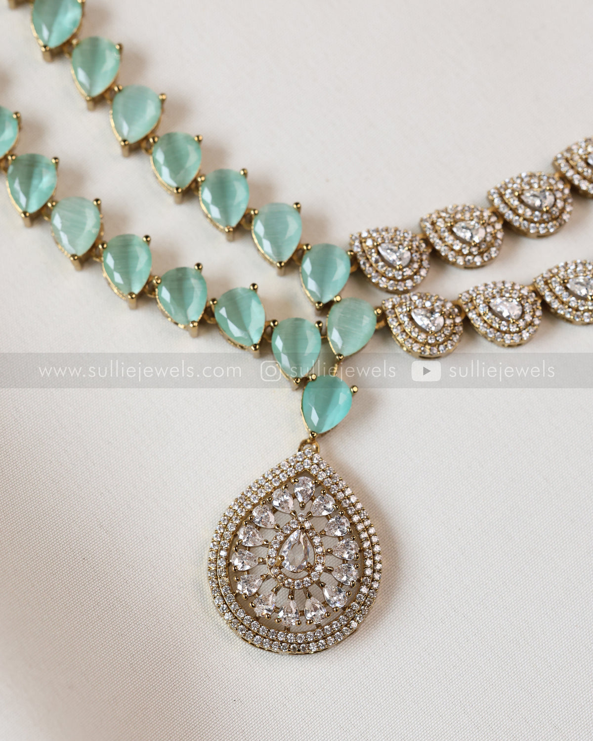3961 - Raindrop Diamond Lookalike Designer Necklace with Studs - Teal