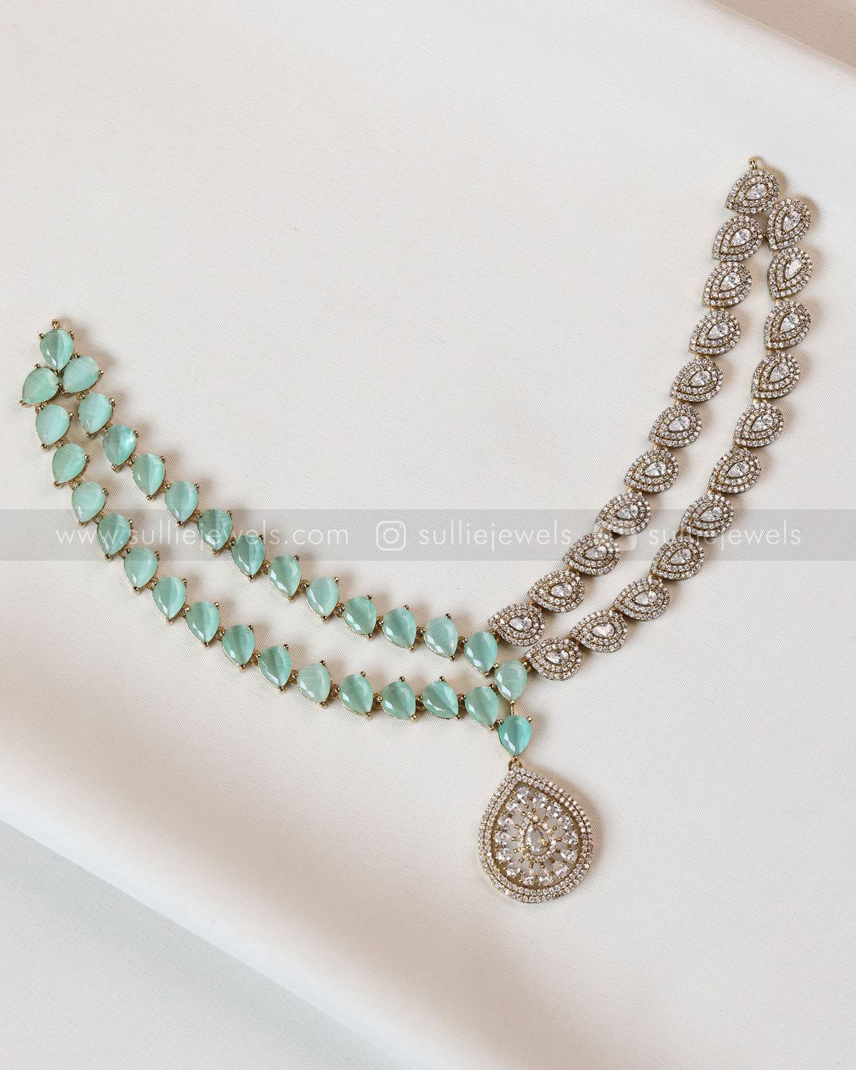 3961 - Raindrop Diamond Lookalike Designer Necklace with Studs - Teal