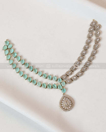 3961 - Raindrop Diamond Lookalike Designer Necklace with Studs - Teal