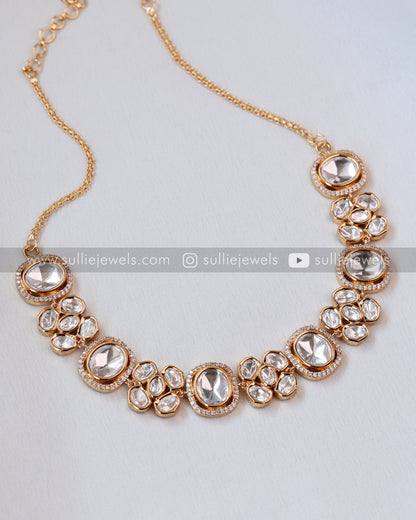 Kundan Polki Necklace with Earrings in Rose gold finish