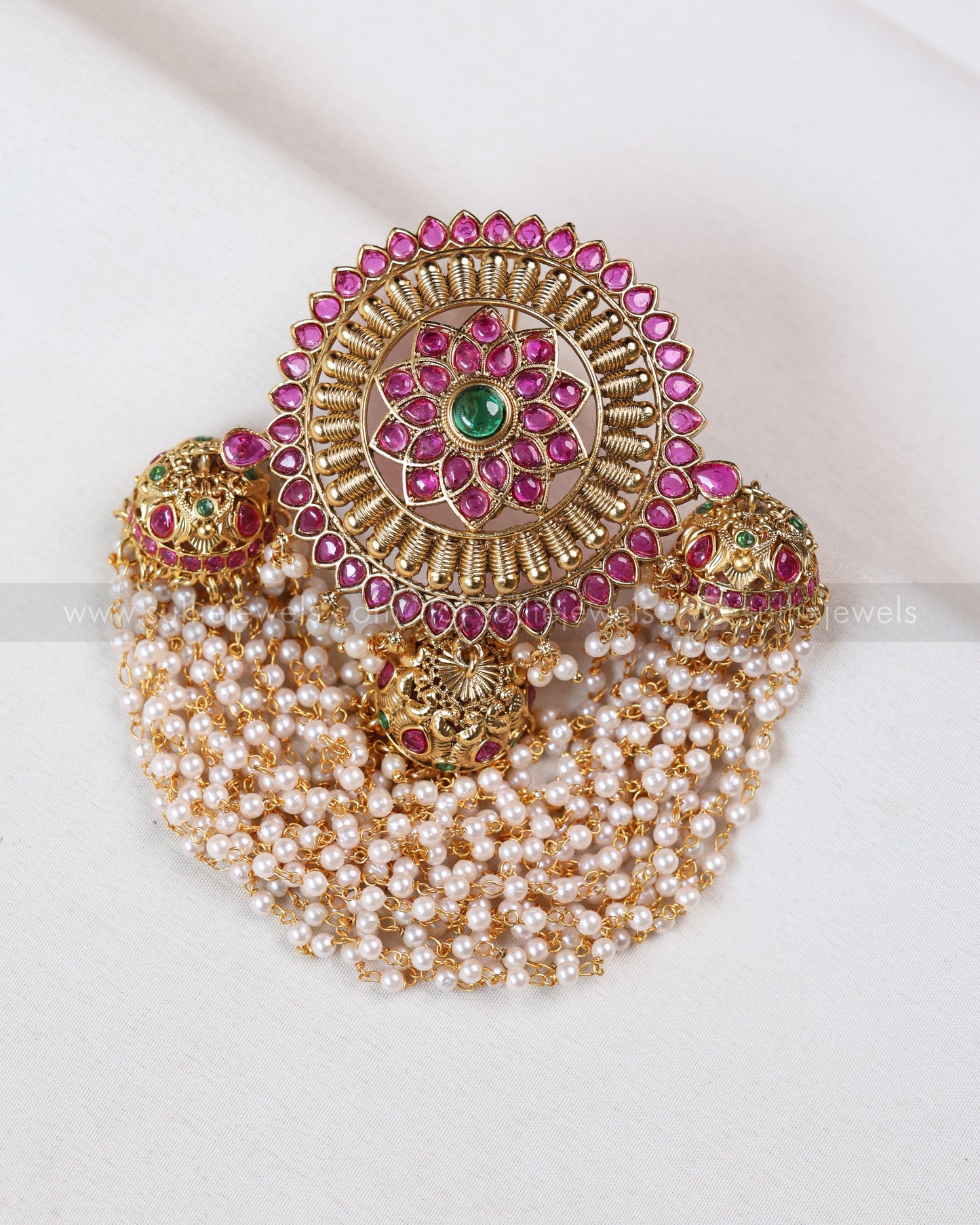 089 - Floral Kemp Layered Pearl Jhumka Hair Brooch