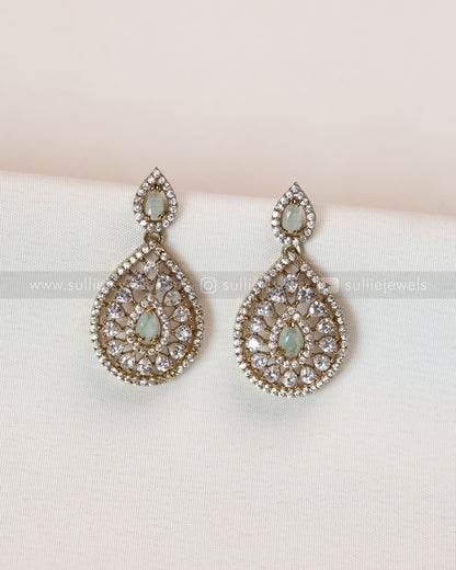 3961 - Raindrop Diamond Lookalike Designer Necklace with Studs - Teal