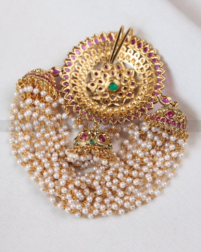 089 - Floral Kemp Layered Pearl Jhumka Hair Brooch