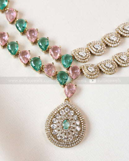 3965 - Pastel Raindrop Diamond Lookalike Designer Necklace with Studs