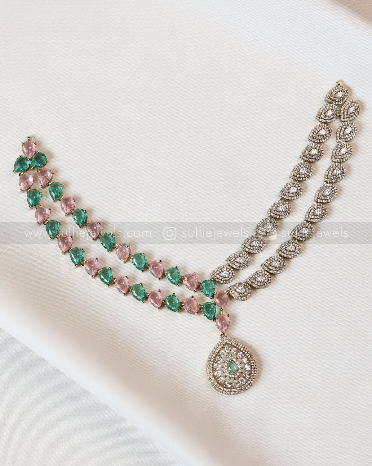 3965 - Pastel Raindrop Diamond Lookalike Designer Necklace with Studs