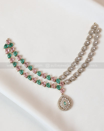3965 - Pastel Raindrop Diamond Lookalike Designer Necklace with Studs