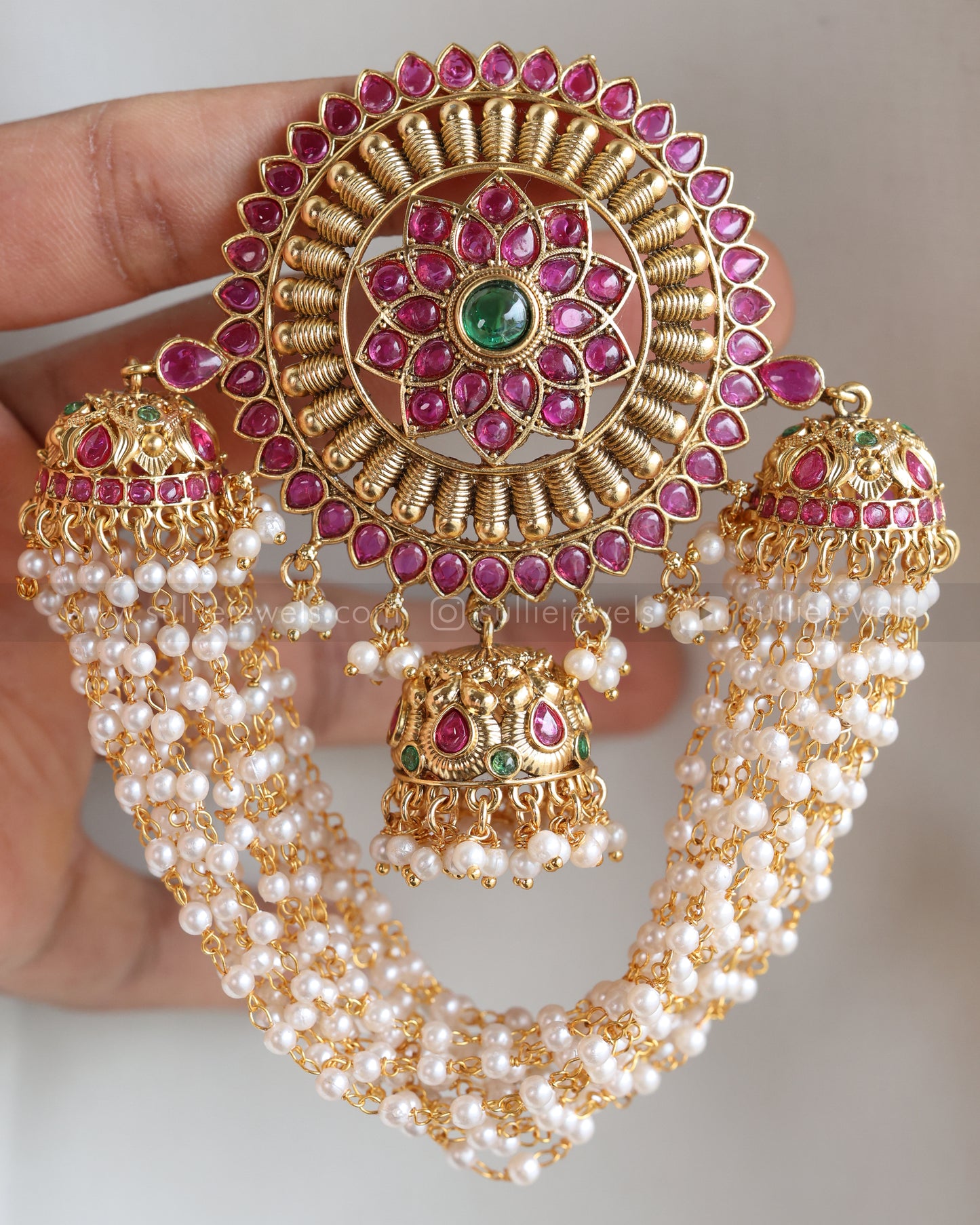 089 - Floral Kemp Layered Pearl Jhumka Hair Brooch