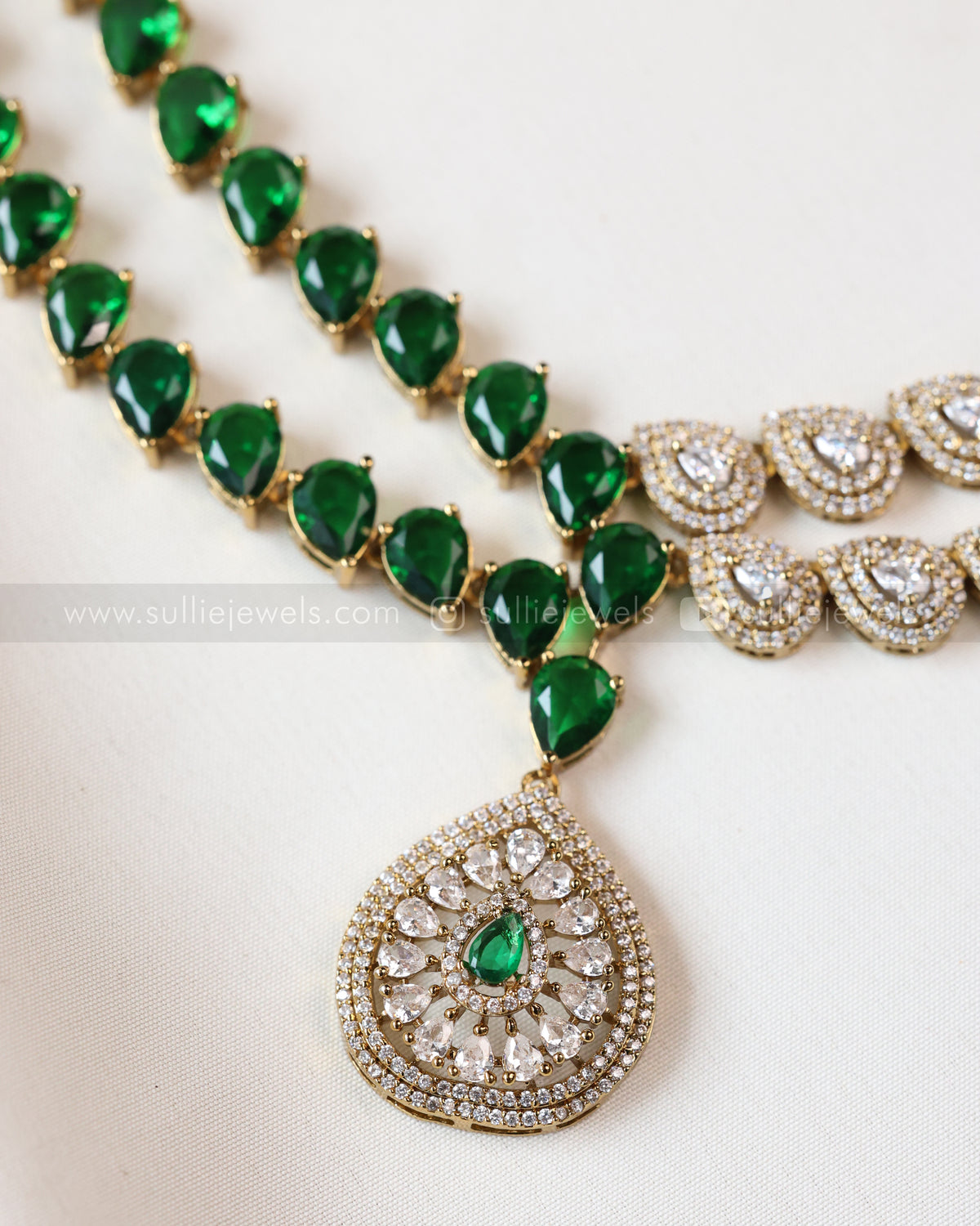 3963 - Raindrop Diamond Lookalike Designer Necklace with Studs - Green