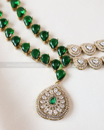 3963 - Raindrop Diamond Lookalike Designer Necklace with Studs - Green