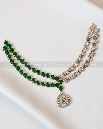3963 - Raindrop Diamond Lookalike Designer Necklace with Studs - Green