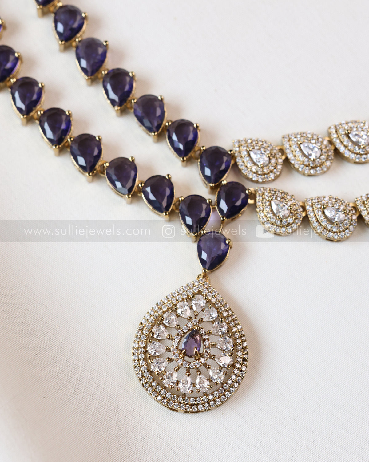 3964 - Raindrop Diamond Lookalike Designer Necklace with Studs - Violet