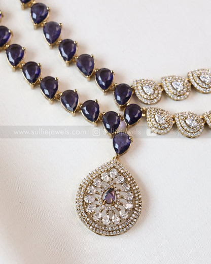 3964 - Raindrop Diamond Lookalike Designer Necklace with Studs - Violet