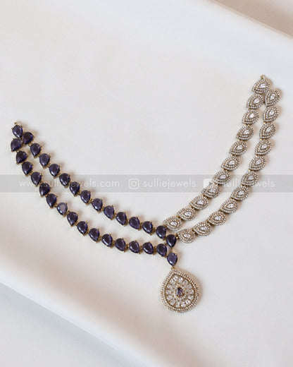 3964 - Raindrop Diamond Lookalike Designer Necklace with Studs - Violet