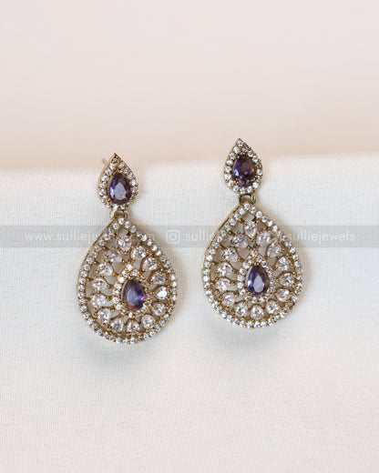 3964 - Raindrop Diamond Lookalike Designer Necklace with Studs - Violet