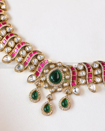 3969 - Green Centre Stone Jadau Kundan Premium Necklace with Earring