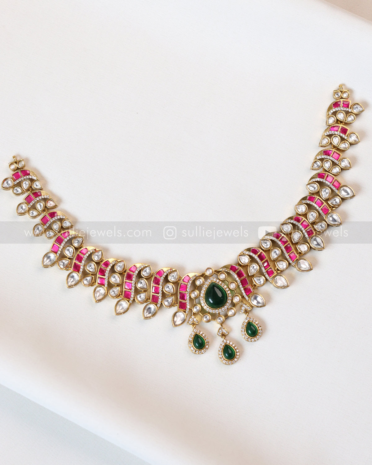 3969 - Green Centre Stone Jadau Kundan Premium Necklace with Earring