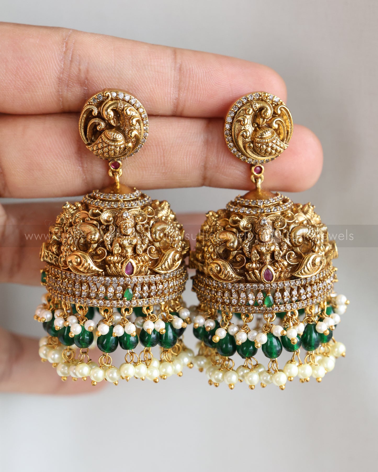 E1209 - Premium 3D Lakshmi Peacock Heavy Jhumka with Green Beads