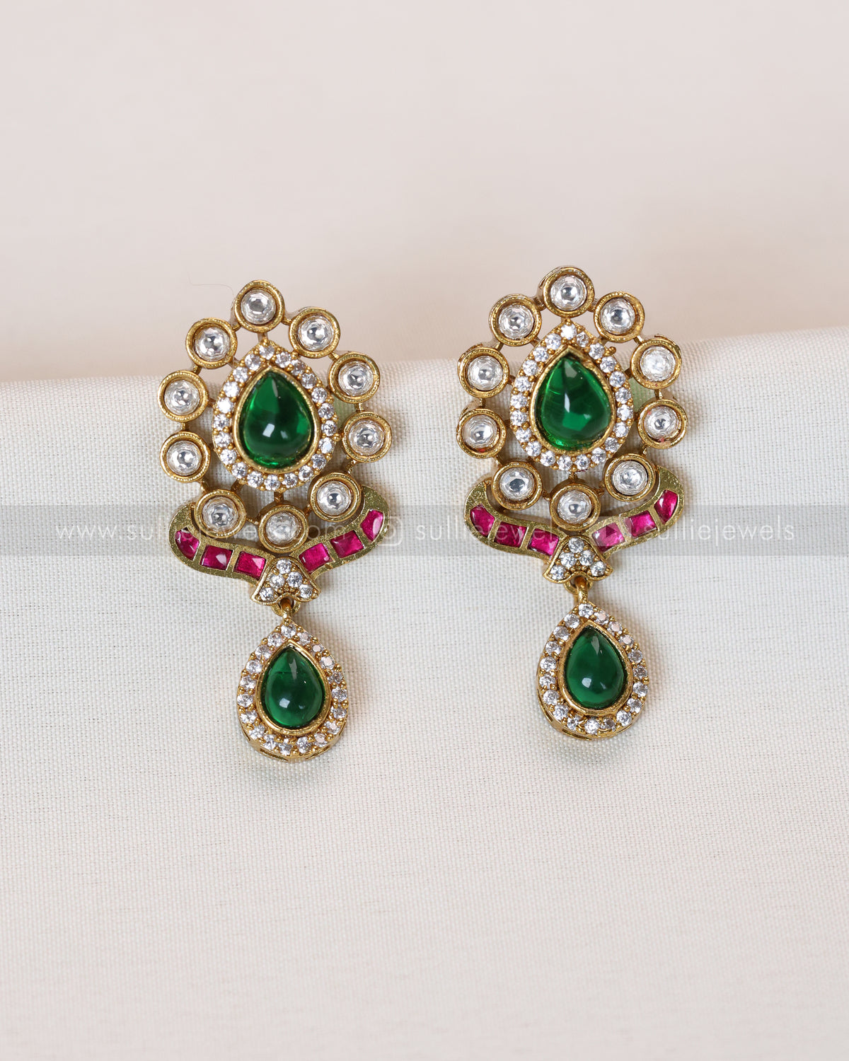 3969 - Green Centre Stone Jadau Kundan Premium Necklace with Earring