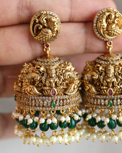 E1209 - Premium 3D Lakshmi Peacock Heavy Jhumka with Green Beads