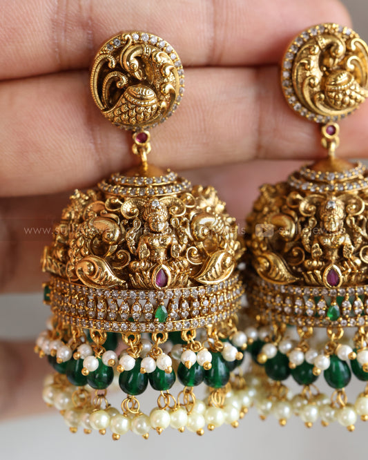 E1209 - Premium 3D Lakshmi Peacock Heavy Jhumka with Green Beads