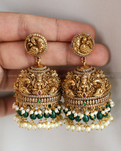 E1209 - Premium 3D Lakshmi Peacock Heavy Jhumka with Green Beads