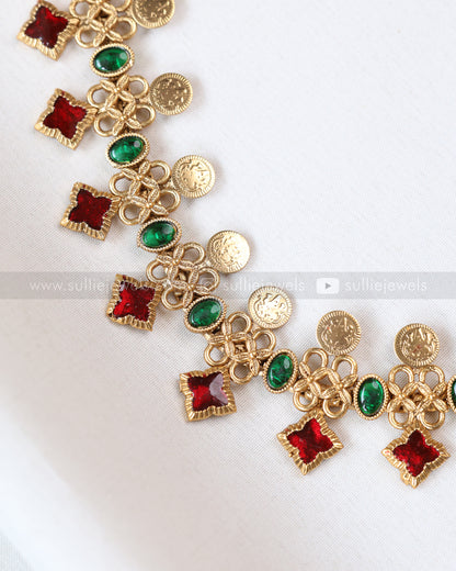 7179 - Sullie Basic - Coin & Ruby Palakka Long Chain with Jhumka