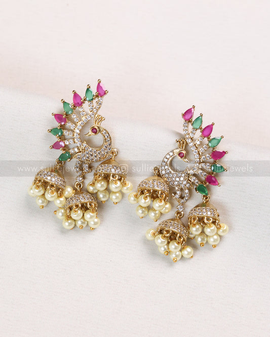 E1201 - Ruby Green AD Peacock Earring with Hanging