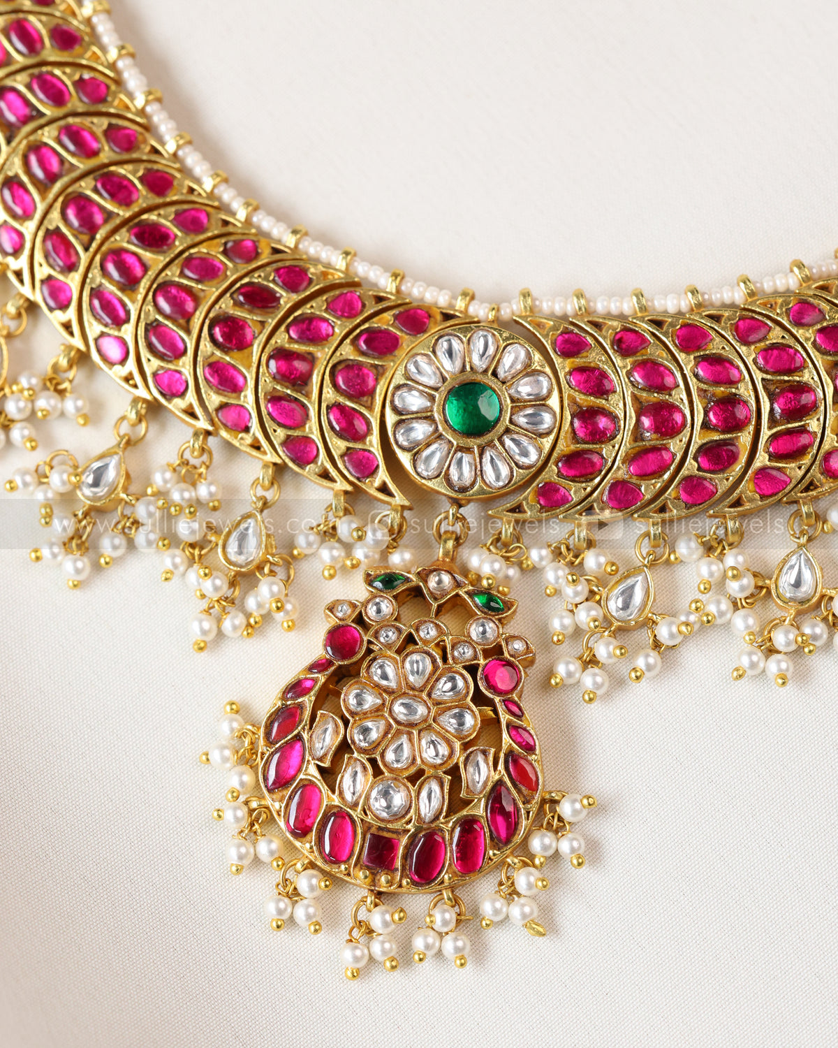 3868 - Premium Ruby Pink Jadau Kemp Pearl Necklace with Earrings