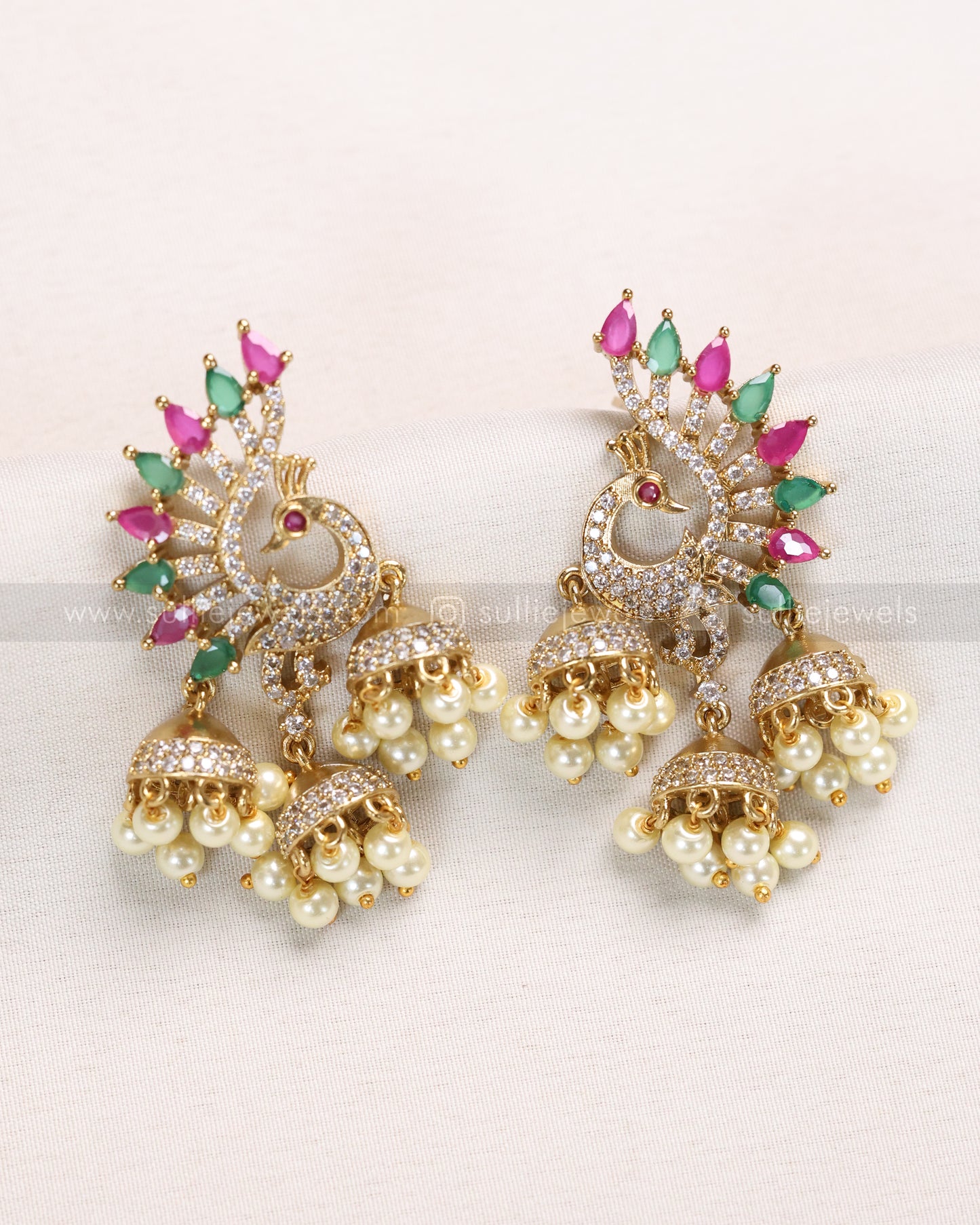 E1201 - Ruby Green AD Peacock Earring with Hanging