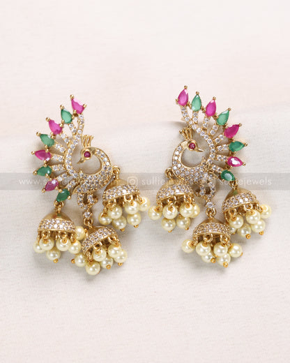 E1201 - Ruby Green AD Peacock Earring with Hanging