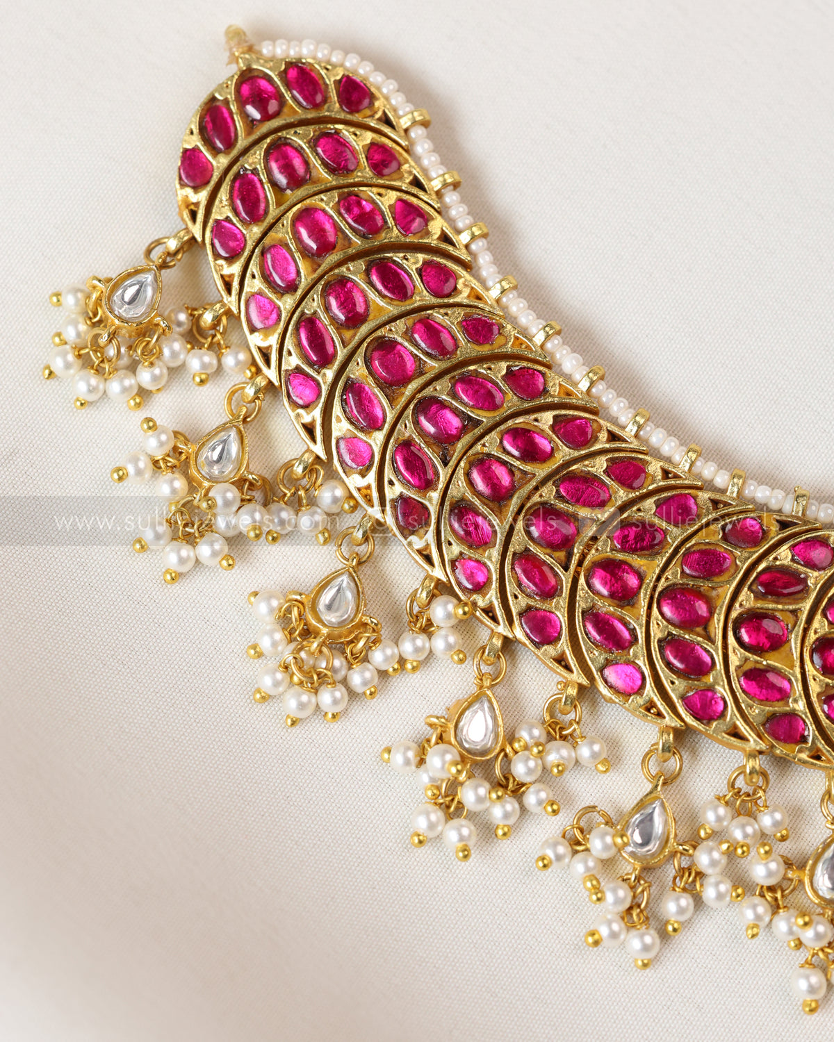 3868 - Premium Ruby Pink Jadau Kemp Pearl Necklace with Earrings