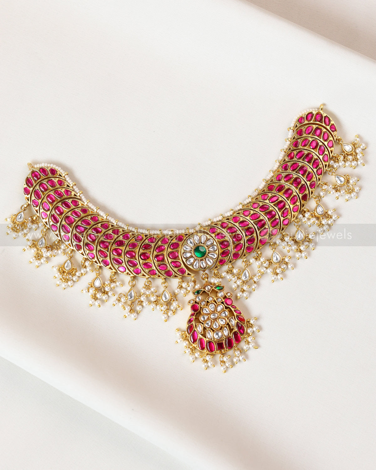 3868 - Premium Ruby Pink Jadau Kemp Pearl Necklace with Earrings