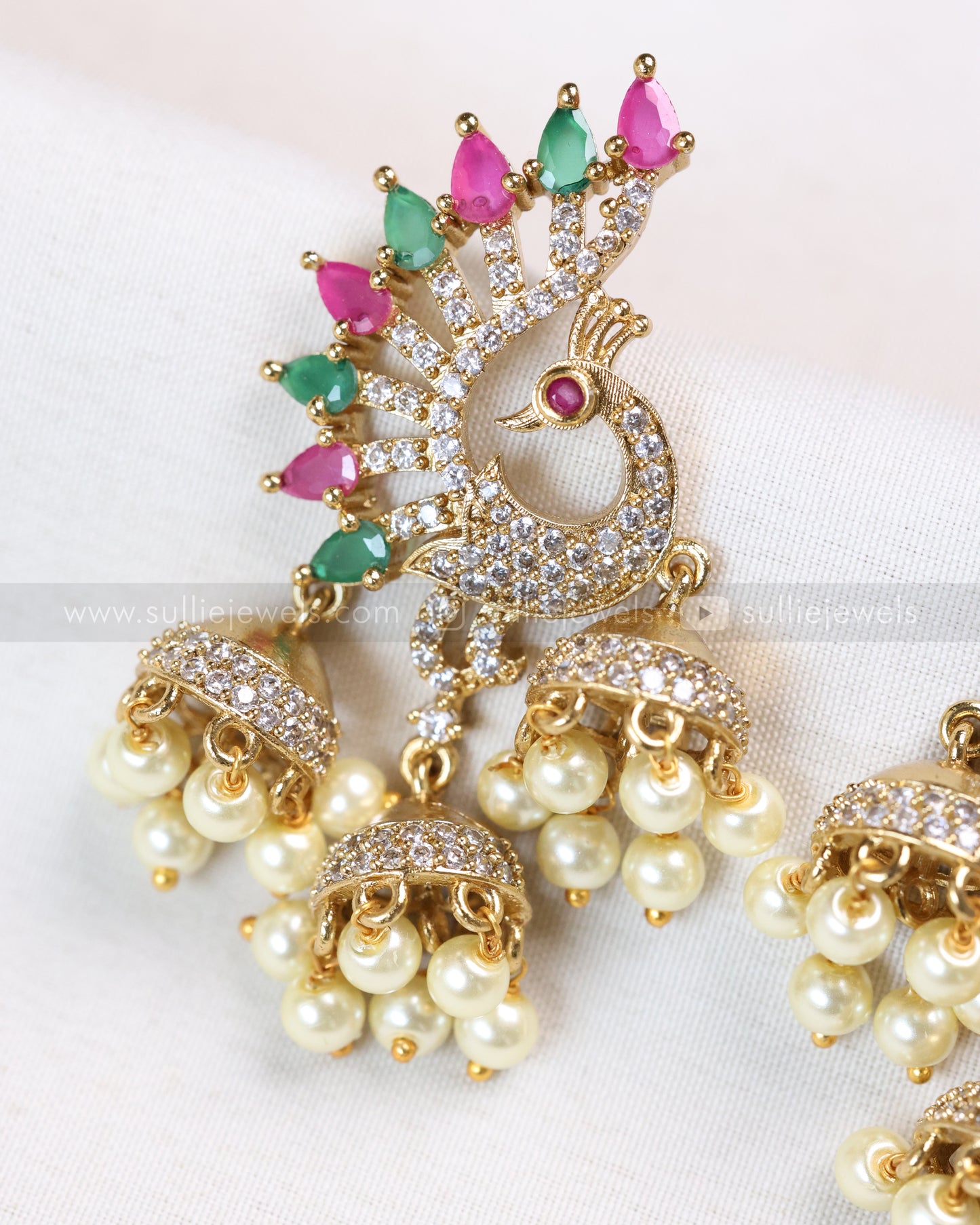 E1201 - Ruby Green AD Peacock Earring with Hanging