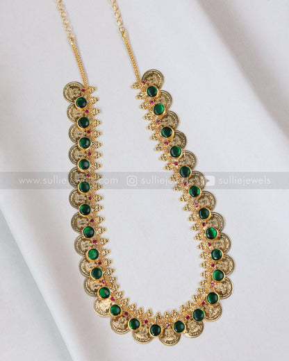 7204 - Gold Plated Coin Emerald Green Stone Haaram / Long chain
