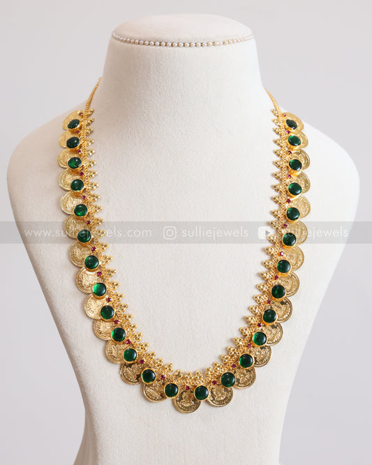 7204 - Gold Plated Coin Emerald Green Stone Haaram / Long chain