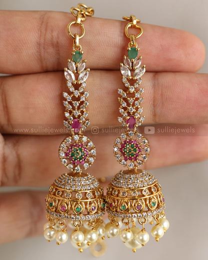 E1260 - AD Ruby & Green Ball Jhumka with Earchain / Maatti